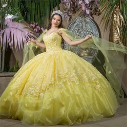 Gul älskling quinceanera klänningar boll klänning spets-up korsett formella prom examen klänningar med cape prinsessan söt 15 16 klänning