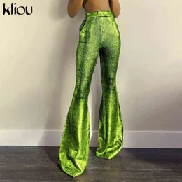 Kliou Ice Silk Boot Cut Hosen für Frauen Hipster Übergroße Einfache Grundkleidung Elastische Hohe Weist Casual Streetwear Hosen 211124