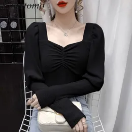 Kimutomo 여성 우아한 스퀘어 칼라 티셔츠 프랑스 스타일 솔리드 블랙 슬림 퍼프 슬리브 탑스 봄 가을 한국 Chic 210521