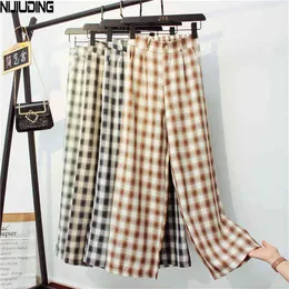 Vintage Plaid Japanese Harajuku Summer Pants Women Bottons Loose Straight Wide Leg Long Length 210514