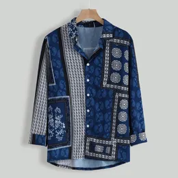 Mężczyźni Przycisk Moda Up Retro Koszule Męskie Vintage Styl Etniczny Drukowanie Luźny Z Długim Rękawem Turn Down-Collar Top Shirt Męski przypadkowy