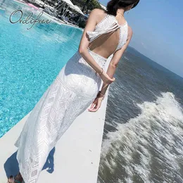 Unireal Letnie kobiety Sexy Backless Long Split Off Ramię Biała Koronka Maxi Beach Dress 210415