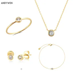 Andywen 925 Sterling Silver Gold One Round Zircon CZ Charm Stud örhängen Ring Armband Halsband Smycken Set 2022 Bröllopsgåva