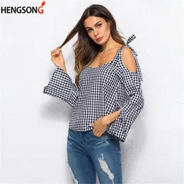 Damskie Bluzki Koszule Black and White Plaid Koszula Kobiety Jesień Z Długim Rękawem Casual Blusas Femininas Sexy Off Ramię Damskie Topy