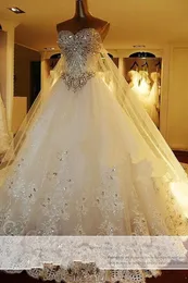 2021 Luxury Sexy Arabic Luxury Ball Gown Wedding Dresses Bridal Gowns Sweetheart Illusion Lace Appliques Crystal Beads Royal Train Puffy Plus Size Vestido De Novia