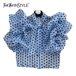 Camicia a pois casual per le donne Bowknot colletto a sbuffo manica corta colore di successo camicette larghe moda estiva femminile 210524