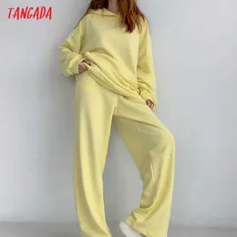 Tangada Kvinnor TRACKSUIT SETS Gul Oversized Sweatshirt Hoodies Cotton Suit 2 Pieces Hood Toppar och byxor 6L39 210930