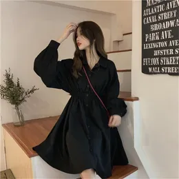 Kadın Elbise Uzun Kollu Tiki Tarzı Katı Tatlı Tanımsız Elbise Basit Zarif Pileli Japon Öğrenciler Bayan Streetwear 210409