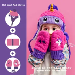 Dinosaur Unicorn Style Kids Winter Hats & Scarfs Baby Cap Children Warm Gloves for Boys Girls Suit Hat Scarf and