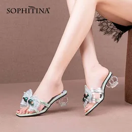 SOPHITINA Sandals Women Shoes Strange Heel Sweet Style Butterfly-knot Summer Comfort Square Toe Genuine Leather Sweet FO165 210513