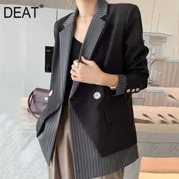 DEAT Woman Blazer Coat Striped Patchwork Notched Long Sleeve Button Loose Office Lady Style Jackets Autumn fashion 15XF278 210930