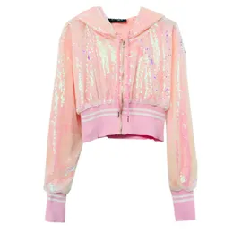 Kobiety Różowa Kapturem Kurtka Glitter Bling Cekinowy Casual Cienkie High Street Hip Pop Zamek błyskawiczny Solid Short H0050 210514