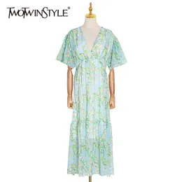 Casual Print Dresses Female V Neck Short Flare Sleeve Hög midja Bohemian Style Ruched Dress Women Fashion Clothing 210520