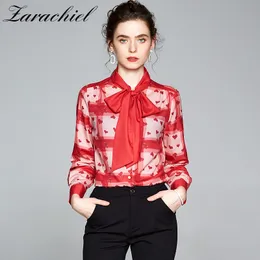 Plus size s-3xl chiffon top elegante amor padrão impresso xadrez vermelho camisas mulheres manga comprida Botão de coleira de arco para baixo blusas soltas 210416