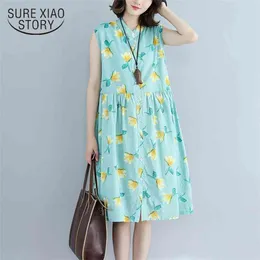 Letnia Moda Kobiety Sukienka Kwiatowy Drukowanie Bez Rękawów Es Green Sweet Sundress O Neck Buttons Ladies 0402 40 210506