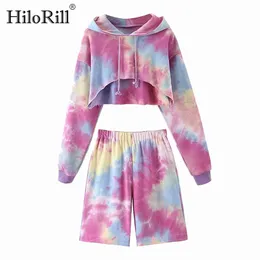 Tie Dye Imprimir 2 peças Set Mulheres Streetwear Batwing Sleeve Com Chop Crop Tops + Cintura Elástica Meia Calças Dois Roupas 210508