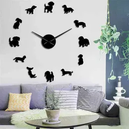 Dachshund hundraser Stor DIY Wall Clock Watch Valp Djur Spegel Klistermärken Pet Store Dekor Hängande Klocka Gåva För Dog Lover 210401