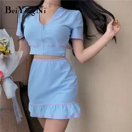 Beiyingni Women's Sets Solid Color Slim Elegant Sexy Club Party 2 Piece Set Women Short Sleeve Crop Top Mini Skirt Pink Casual 210416