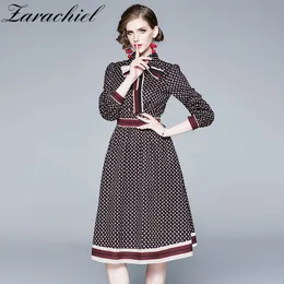 Frühling Herbst Frauen Elegante Vintage Druck Fliege Kragen Büro Casual Weibliche Hohe Taille A-Line Midi Hemd Kleid 210416