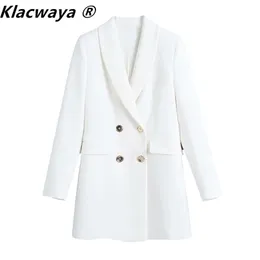 Klacwaya Women Blazer Coat Double Breasted Vintage Long Sleeve Pocket Solid Color Female Outerwear Chic Suit Jacket 210930