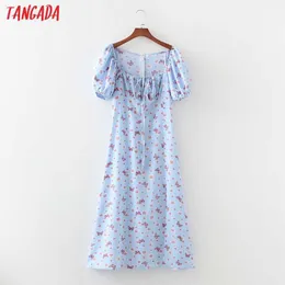 Tangada verão mulheres azuis flores impressão vestido zíper puff manga curta senhoras midi vestido vestidos 1d306 210609