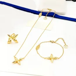 Europe America Fashion Jewelry Sets Lady Womens Gold-color Metal Engraved V Letter Louisette Necklace Bracelet Ring M00379 M00372 M00365