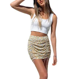 Skirts Women Printing Laminated Fold Pleated Drawstring Slim Mini Skirt Faldas Mujer Summer Lady Club Party Sexy Short