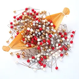 100ピースミニプラスチックベリー造形花赤チェリー真珠光沢の標識結婚式クリスマスケーキボックス花輪の装飾W-01265
