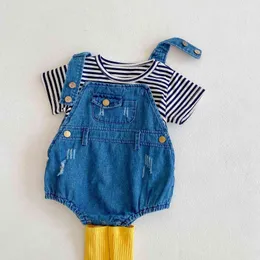 Baby Denim Jumpsuit Striped Summer Short-sleeve T-shirt With Triangle Strap Romper Toddler Infant Boy Girl Clothes born Set 210515