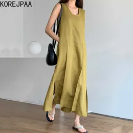 Korejpaa 여성 드레스 여름 한국어 세련된 미니멀리스트 기질 얇은 V 넥 주머니 느슨한 흐르는 헴 슬릿 조끼 vestidos 210526