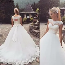 Abiti da sposa applique in pizzo abito da spalla da spalla senza maniche a bordo sweep sweep treno corsetto posteriore a fiocco counle country happy e taglie fortitidos