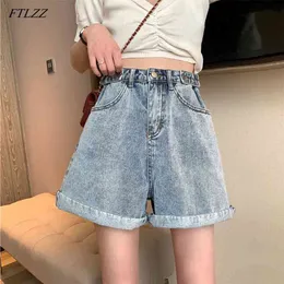 Mulheres vintage azul denim shorts verão cintura alta cor sólida perna larga perna solta fit jeans preto senhoras 210430