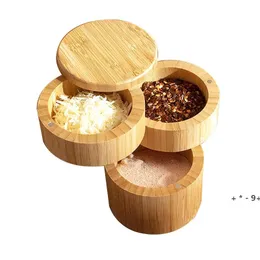 Bambu Trippel Saltväska Rund Bambu Box för Peppar Spice Källare Förvaringsbehållare med Swivel Magnetic Locks Köksredskap RRD13205