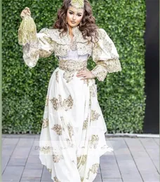 2021 Algieria Caftan de Soirée Gold Prom Dresses Arabski Tradycyjny Kosowo Z Długim Rękawem Aplikacja Koronki Zroszony Vestidos Wieczorowe Suknie Party