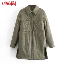 Tangada Autumn Women Thin Long Parkas Coats Loose Buttons Sleeves Pocket Ladies Elegant Coat QN20 211014