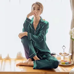 Womens Silk Satin Pajamas Pyjamas Set Long Sleeve Sleepwear Pijama Pajamas Suit Female Sleep Two Piece Set Loungewear Plus Size 211112