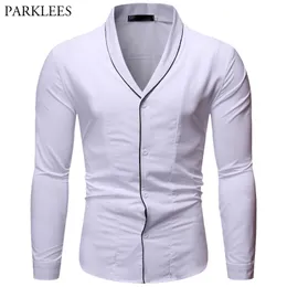 Black and White Solid Color Simple Shirt Men Shawl Collar Casual Slim Fit Long Sleeve Mens Dress Shirts Camisa Hombre 210524