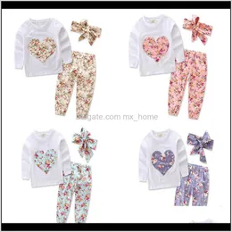 Baby Maternity Drop Delivery 2021 Born Girls Abiti floreali Fiore Cuore Applique Ricama Top Pantaloni Fascia per capelli Set di abbigliamento per bambini Primavera