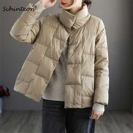 Schinteon Kvinnor Light Down Jacket Enkel Casual Solid Färg Stativ Krage Kort Outwear Höstrock Kvinna Fashion 211018