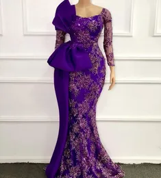 ネゲラのアフリカの紫色のイブニングドレス長袖スクープネックレースのアップリケマーメイドのプロレスガウンのBow Vestidos de Fiesta