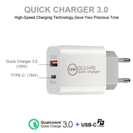 Tipo-C 18W PD e QC 3.0 Caricabatteria rapido per telefono da parete con spina US EU UK per iPhone Ipad Xiaomin Huawei