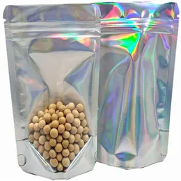 100pcs/lot Aluminum Foil Zipper Bags Self Sealing Stand Up Reusable Smell Proof Food Pouch Laser Holographic Plastic Storage Bag