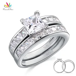 Peacock Star Solid 925 Sterling Silver 2-Pcs Wedding Engagement Ring Set 1 Ct Princess Cut Jewelry CFR8020 211217