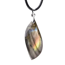 Decorative Objects & Figurines Fashion Simple Labradorite Leaf Shape Pendant Natural Quartz Healing Stone Unisex Mineral Jewelry Amulet Neck