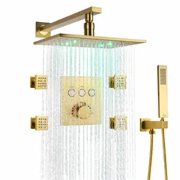 Thermostat Brushed Gold Shower Faucet Set 8 X12 Inch LED Rain Shower Head System With Handheld Sprays Massage Body Jets