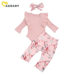 0-2Y Autumn Spring born Infant Baby Girl Flower Clothes Set Knitted Long Sleeve Ruffles Romper Floral Pant Outfits 210515