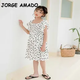 Wholesale Summer Teenagers Girl Dress Batwing Sleeves Dot Elastic Bust Cute Style Kids Clothes E32035 210610