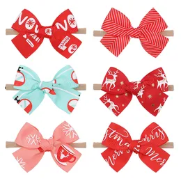 6 Colors Girl Christmas Headband Hair Bows 4.25 inch Bow Boot Lucky Deer Santa Claus Red Green Patchwork Design Baby Girls Elegant Kids Accessory Gift