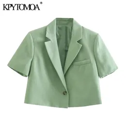 KPYTOMOA Kvinnor Mode Singelknapp Linen Beskuren Blazer Vintage Shorts Sleeve Kvinna Ytterkläder Chic Veste Femme 211019