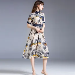 Högkvalitativ sommar Elegant Blomstryck Patchwork Denim Pocket Midi Dress Vintage Runway Designer Casual Femme Robe 210519